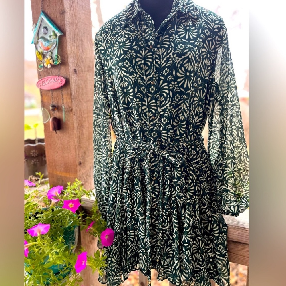 Zara green floral belted long sleeve mini dress maroon full skirt - Picture 3 of 13